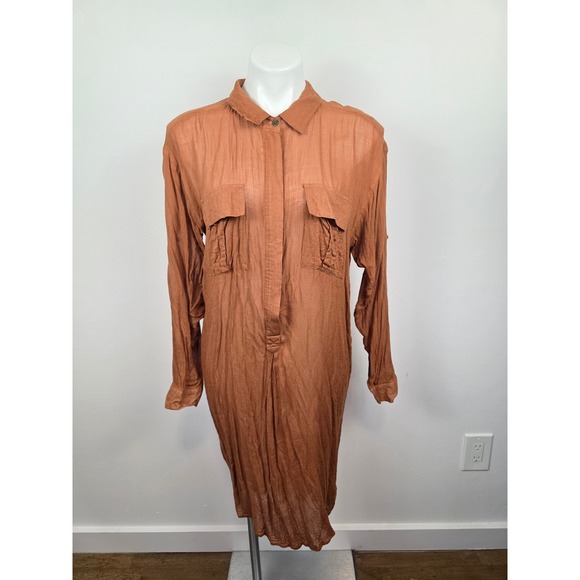 Free People Dresses & Skirts - Free People Rust Brown Rayon Wool Button Front Crinkle Shirt Dress Women's Small